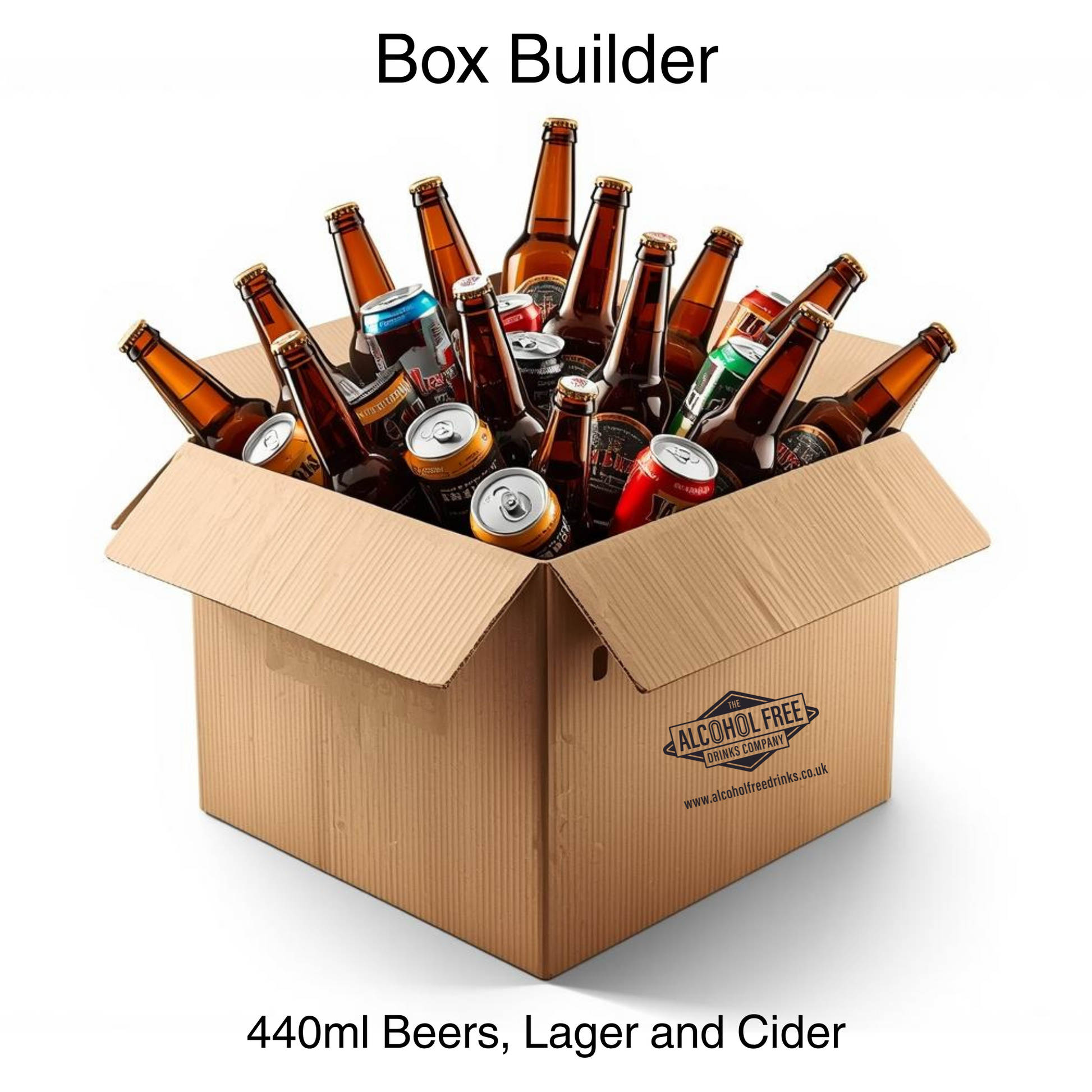 A box of alcohol free beer cans and bottles ipa
