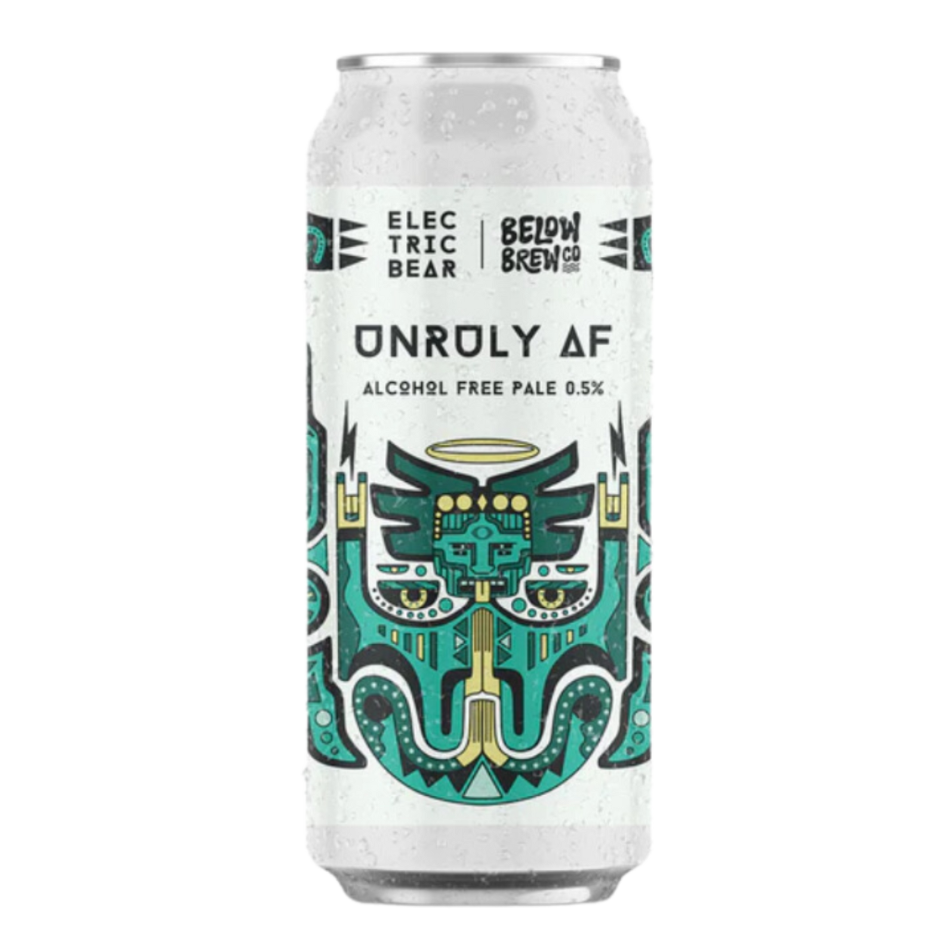 Alcohol-free beer can with a stylized bear face design on a white background