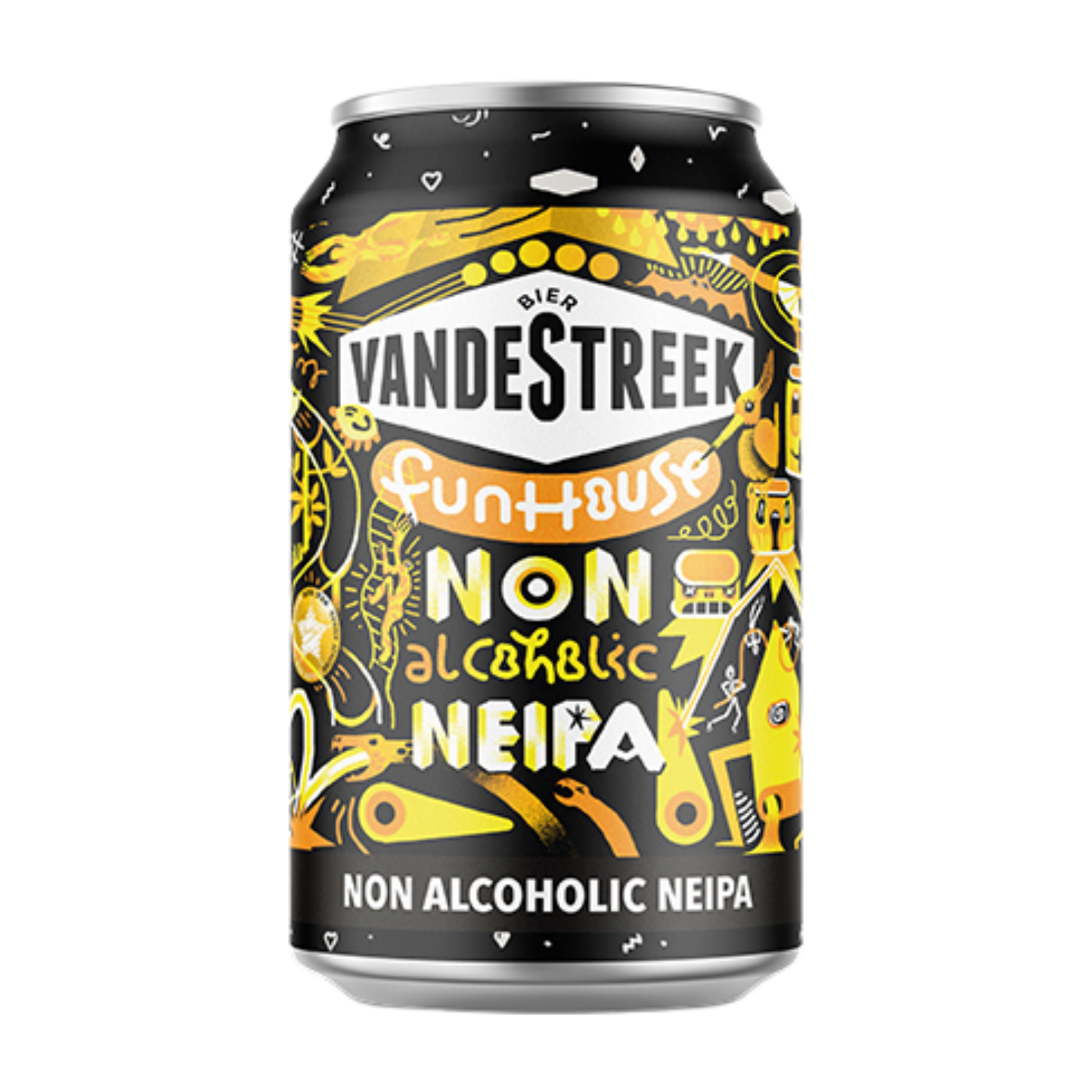 Vandestreek non-alcoholic NEIPA can with black and yellow design on a white background