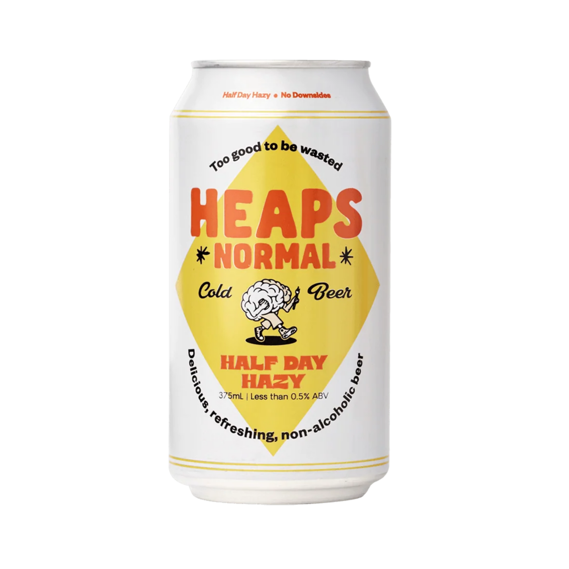 Can of 'Heaps Normal' non-alcoholic beer on a yellow and white background