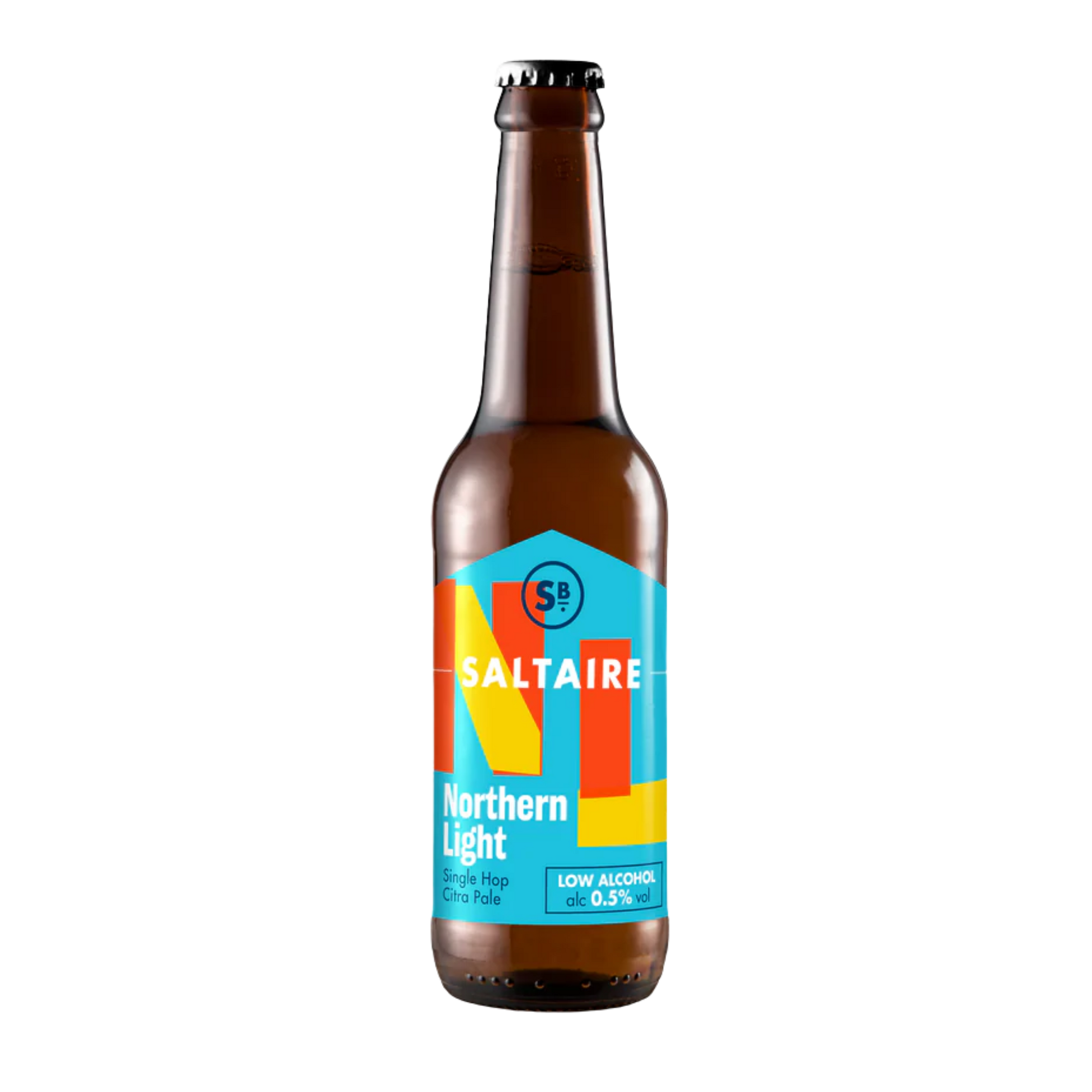 Brown bottle with a colorful label on a white background