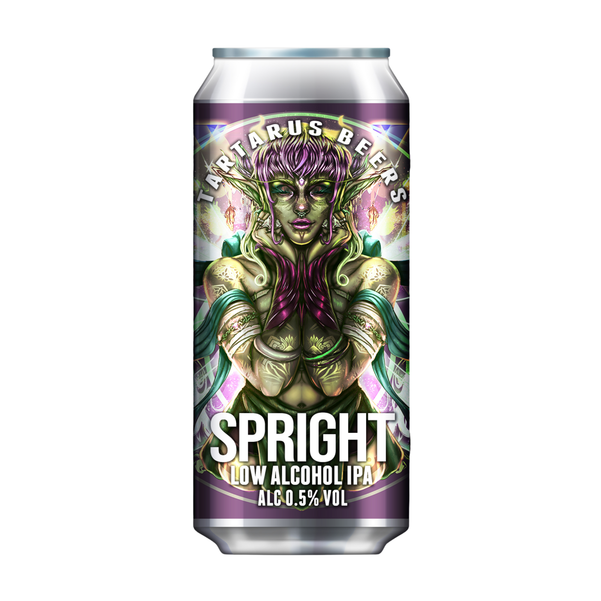 Alcohol free Tartarus beer can with a fantasy-themed design