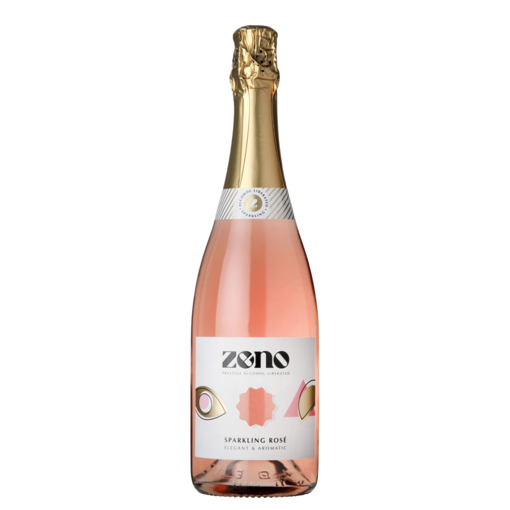 Bottle of Zeno Sparkling Rosé wine on a white background