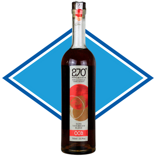 Bottle of 270 Botanicals non-alcoholic dark rum blend with a blue diamond shape in the background