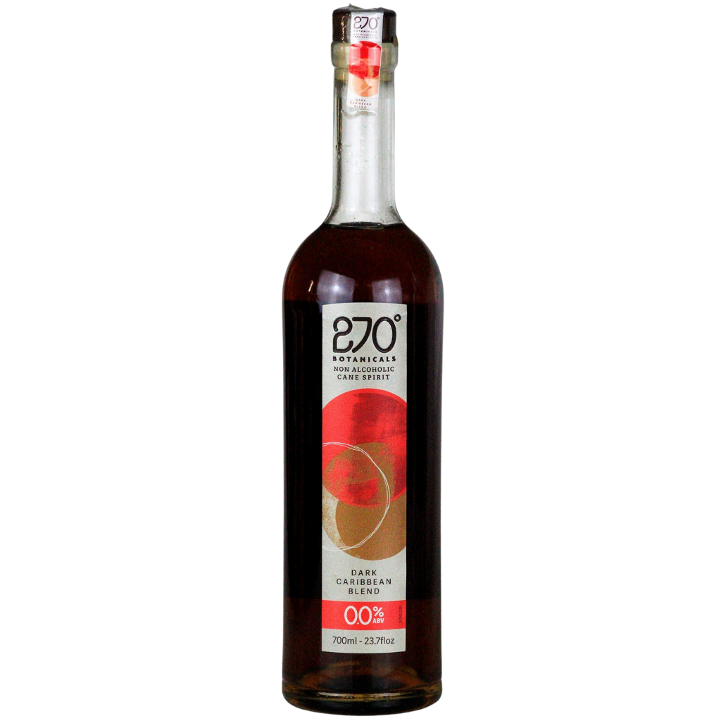 Bottle of 270° Botanicals non-alcoholic dark rum blend on a white background