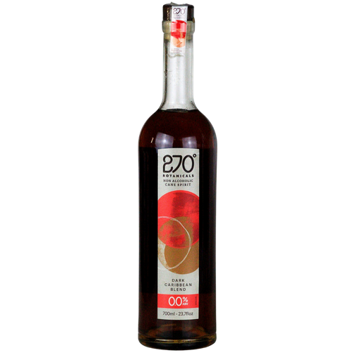 Bottle of 270° Botanicals non-alcoholic dark rum blend on a white background