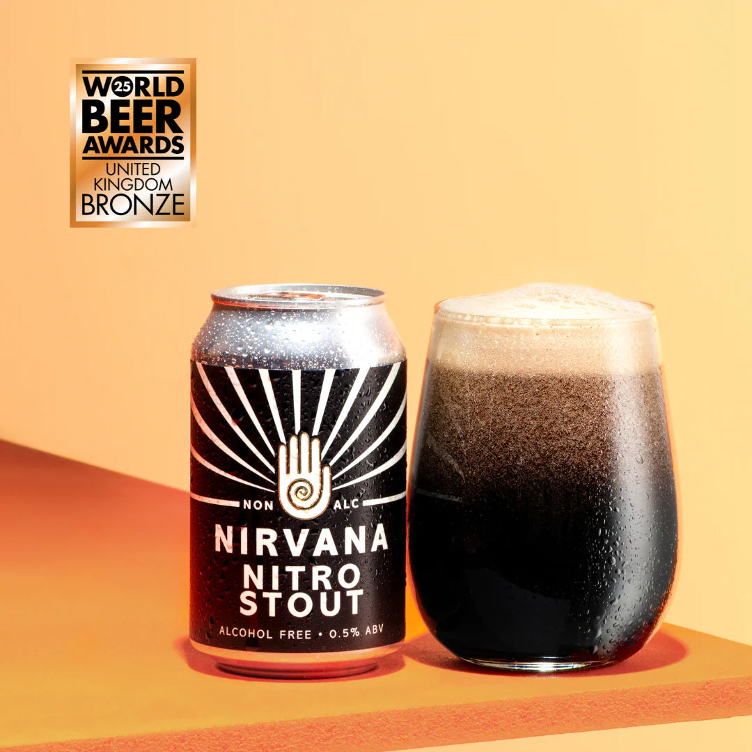 Nirvana Nitro Stout can and glass on a gradient background with World Beer Awards logo.