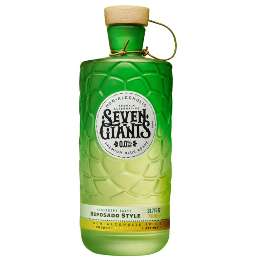 Seven Giants Reposado Style Non-Alocholic Tequila in styish green and yellow bottle