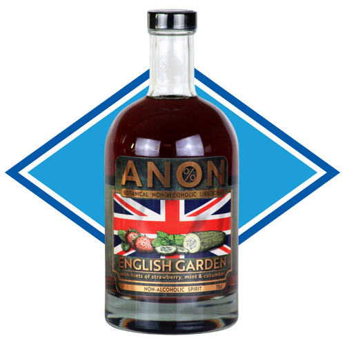 Bottle of 'Anon English Garden' non-alcoholic spirit with a Union Jack label on a white background.