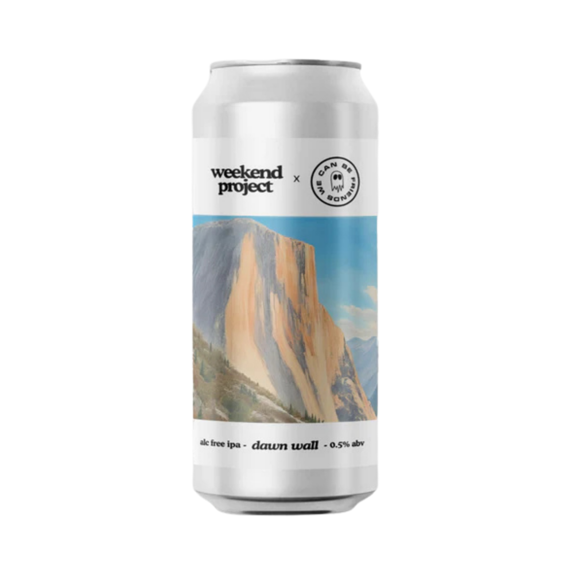 Beer can with a mountain landscape design and 'weekend project' branding on a white background