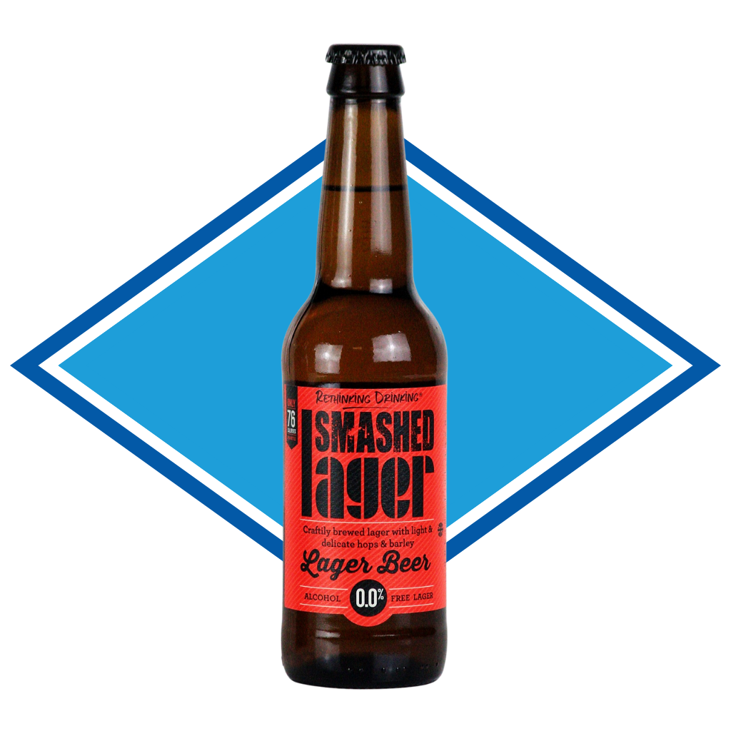 Bottle of Smashed Lager with a red label on a white background