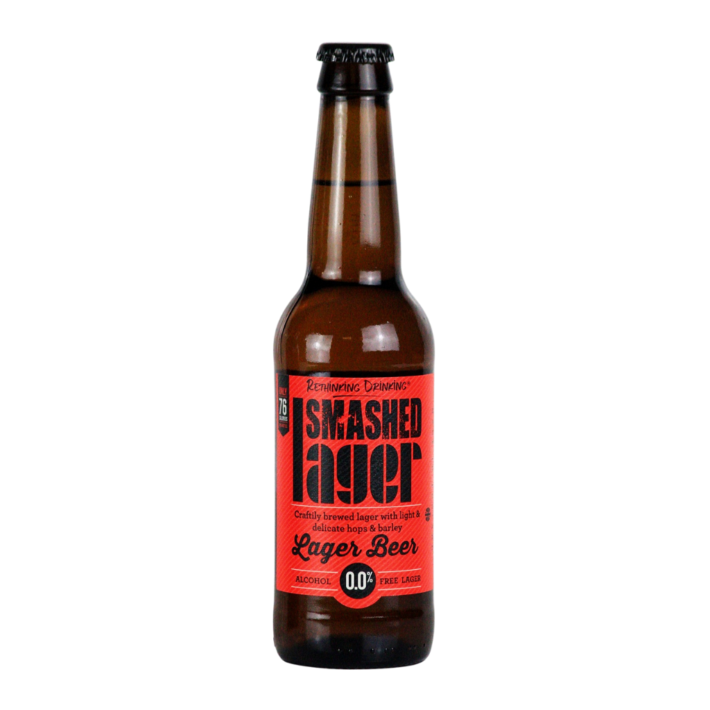 A 330ml Bottle of Smashed Lager with a red label on a white background