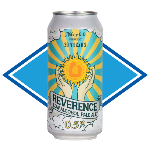 Can of Abbeydale Reverence Pale Ale in front of the Alcohol Free Drinks Company blue diamond. 