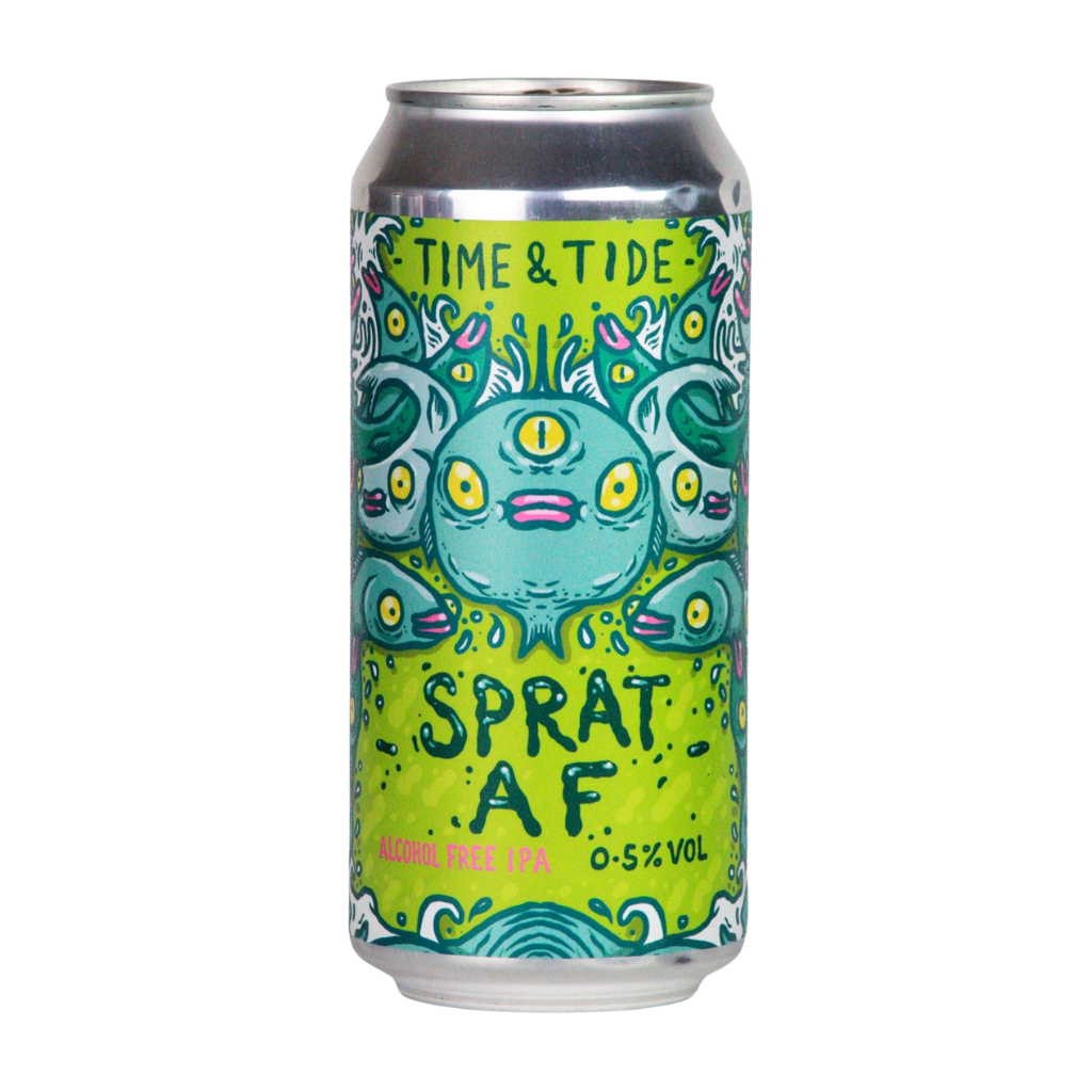A Can of Time & Tide Sprat AF this Alcohol Free IPA is made with Citra Hops The Can is green with wierd looking fish on it.