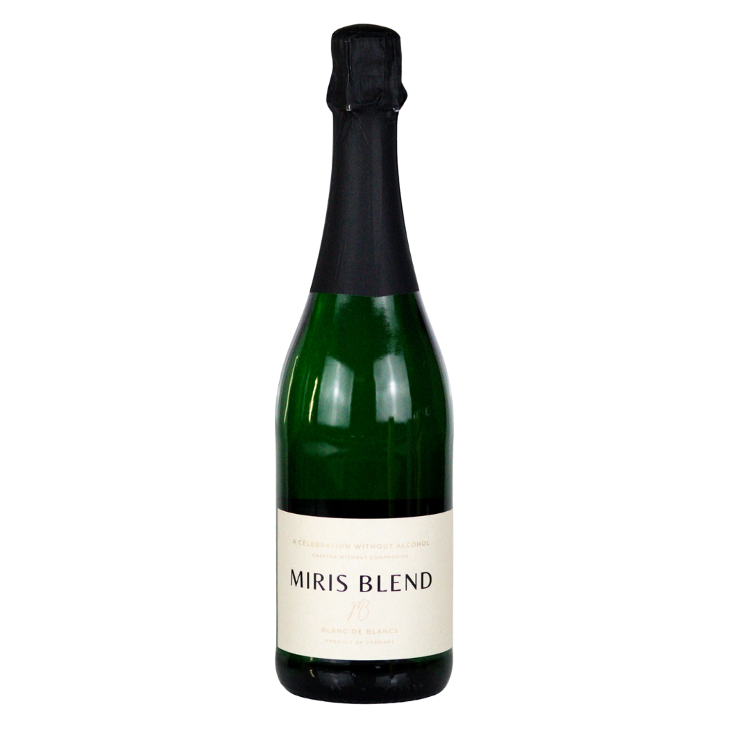 A bottle of Miris Blend sparkling wine with a dark green glass body, black foil, and a cream-colored label, shown against a plain white background.