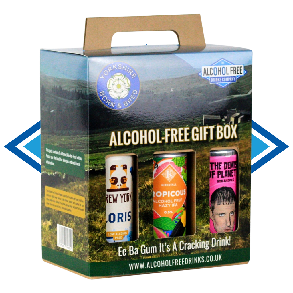 Alcohol-free gift box with three cans on a scenic background. Ideal Christmas Gift for anyone not wanting to drink booze.