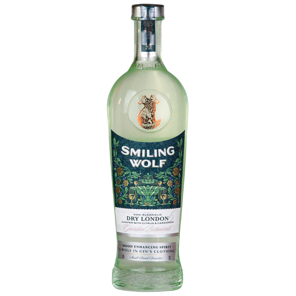 Bottle of Smiling Wolf Alcohol Free Dry London Gin on a white background