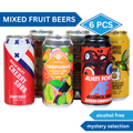 Assorted alcohol-free mixed fruit beers with colorful labels on a white background