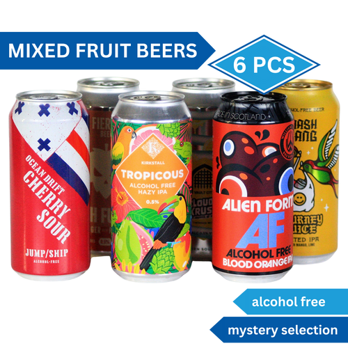 Assorted alcohol-free mixed fruit beers with colorful labels on a white background