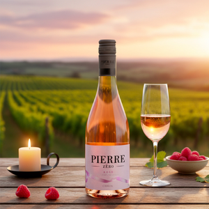 A Bottle of Alcohol Free Rose Wine on a table at a vineyard.