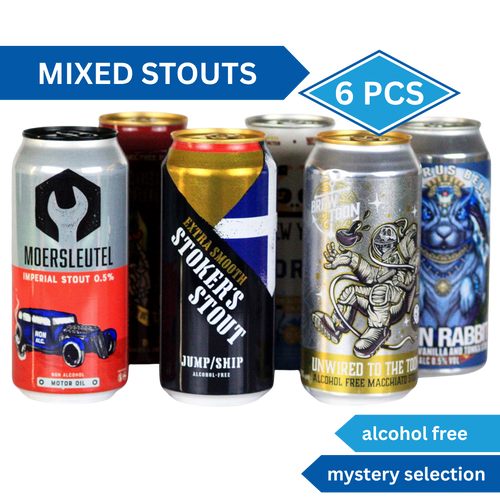 Assorted cans of mixed stouts with branding and product details on a white background.