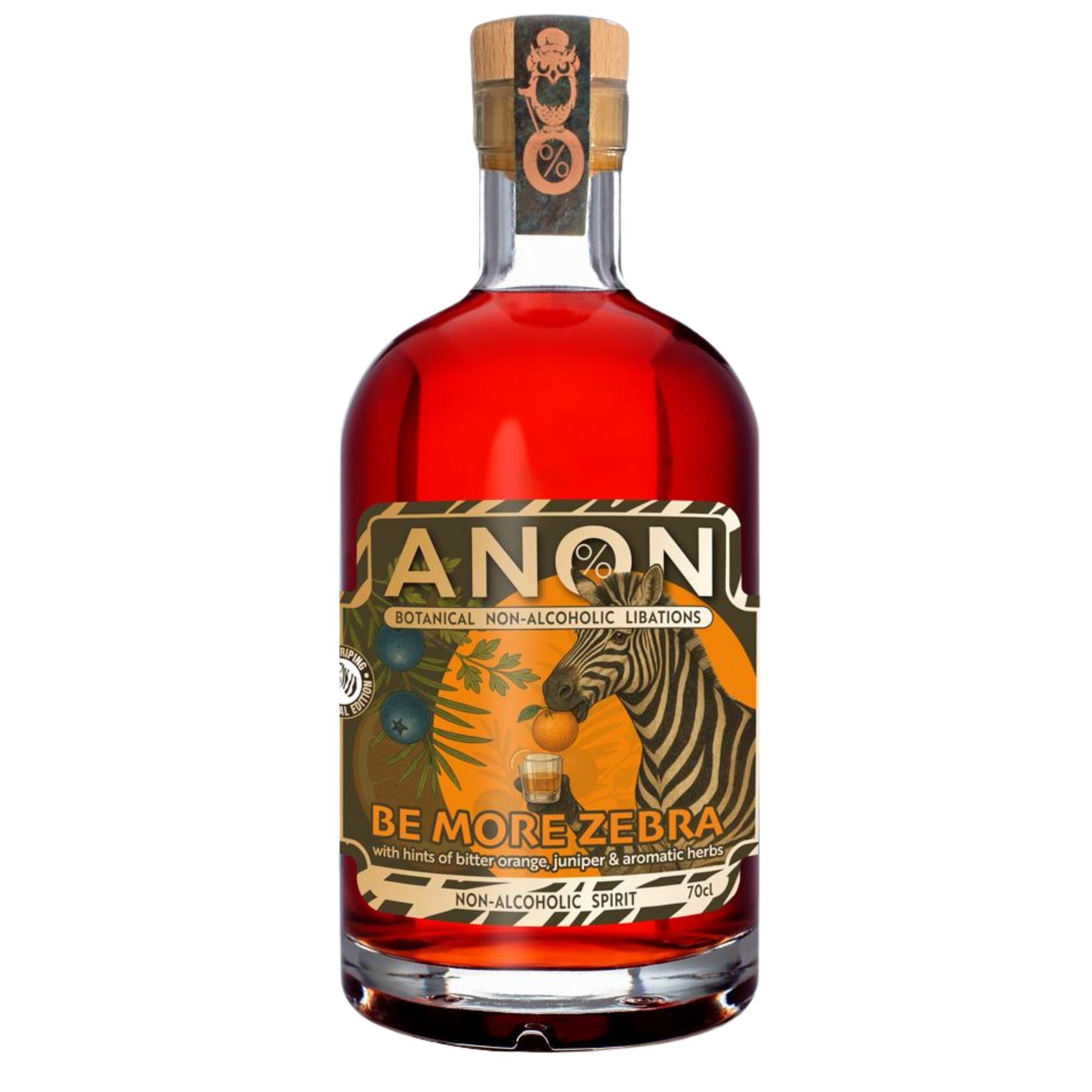 Bottle of Anon 'Be More Zebra' non-alcoholic spirit on a white background