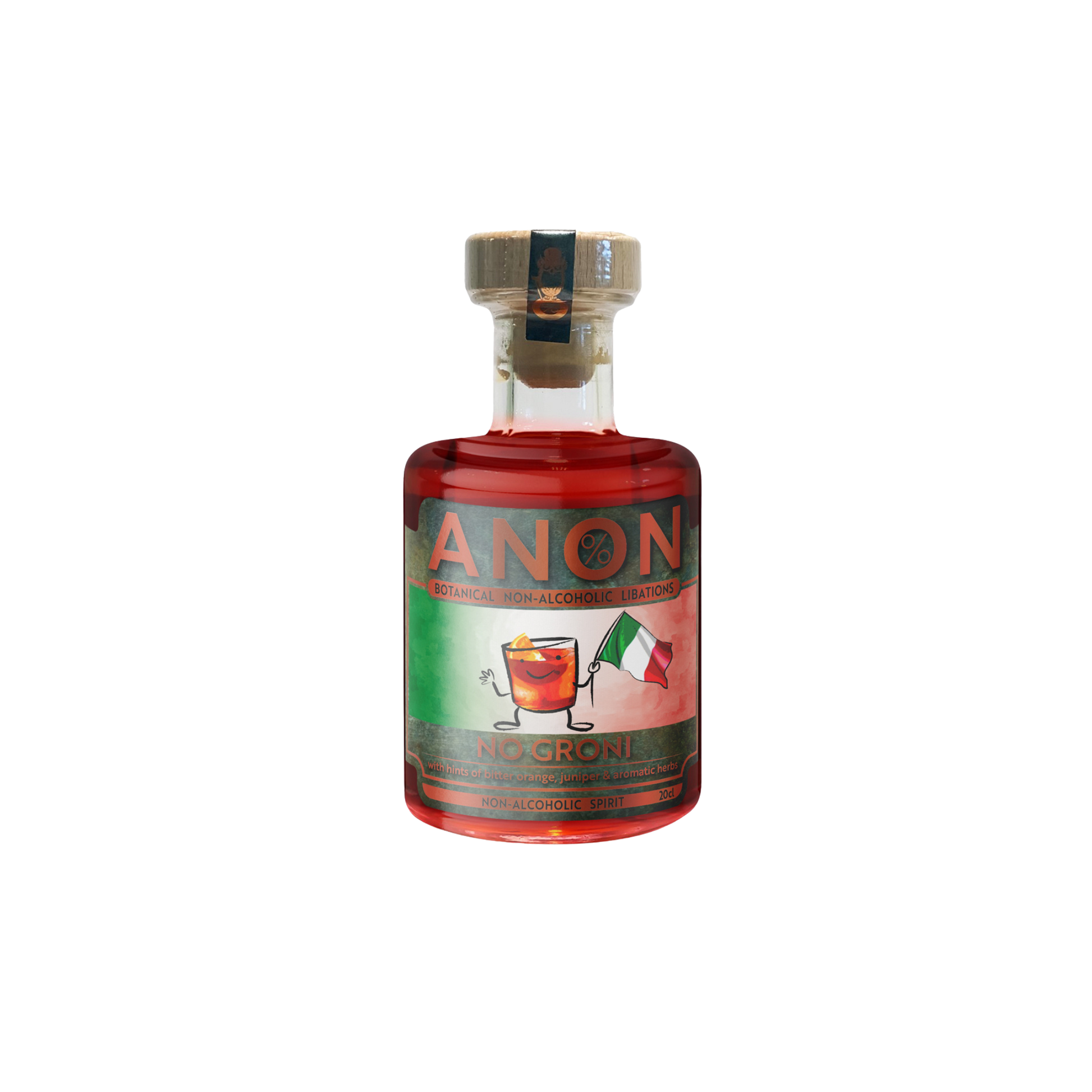 Bottle of ANON alcohol on a white background