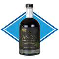 A bottle of Anon Dark Spiced Cane non-alcoholic spirit, featuring a black label with gold lettering and botanical illustrations, set against a blue and white diamond-shaped graphic background.