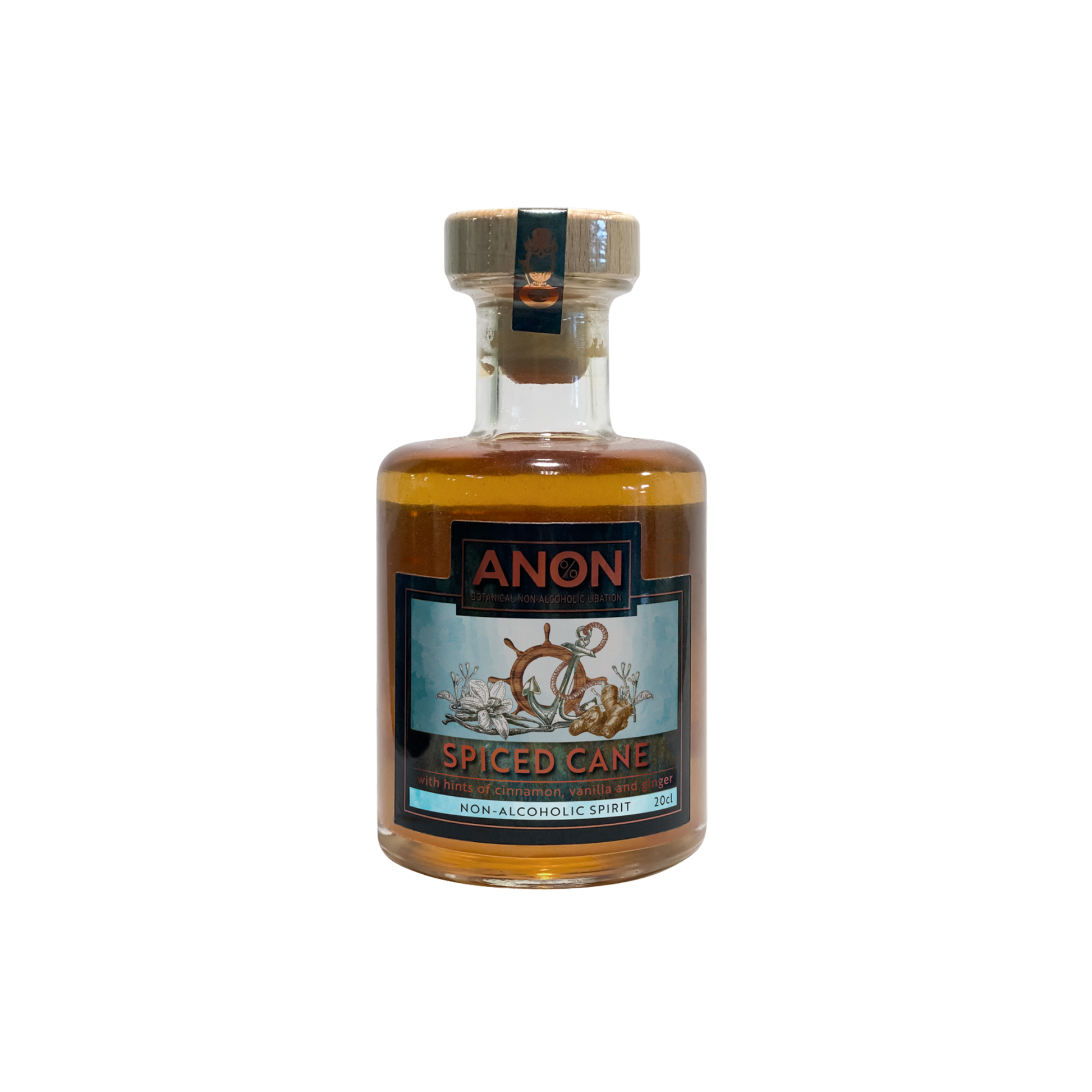 Bottle of ANON Spiced Cane non-alcoholic spirit on a white background
