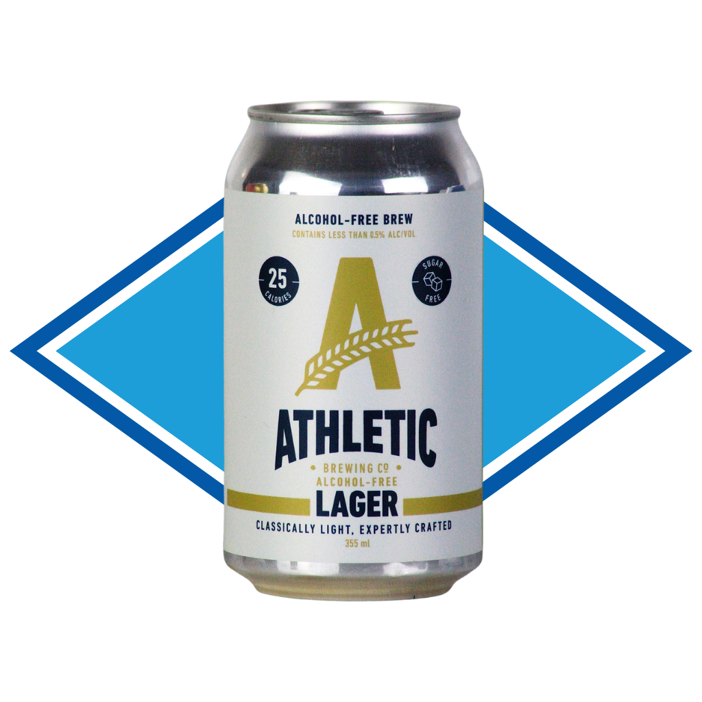 Can of Athletic Lager in front of The Alcohol Free Drinks Company blue diamond.