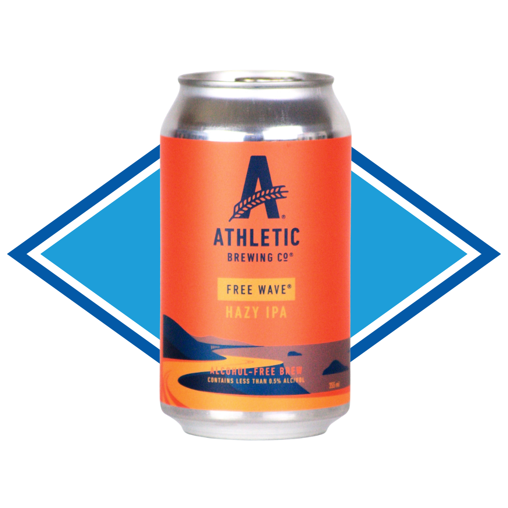 Athletic Brewing Co. can of Free Wave Hazy IPA with orange label and blue background