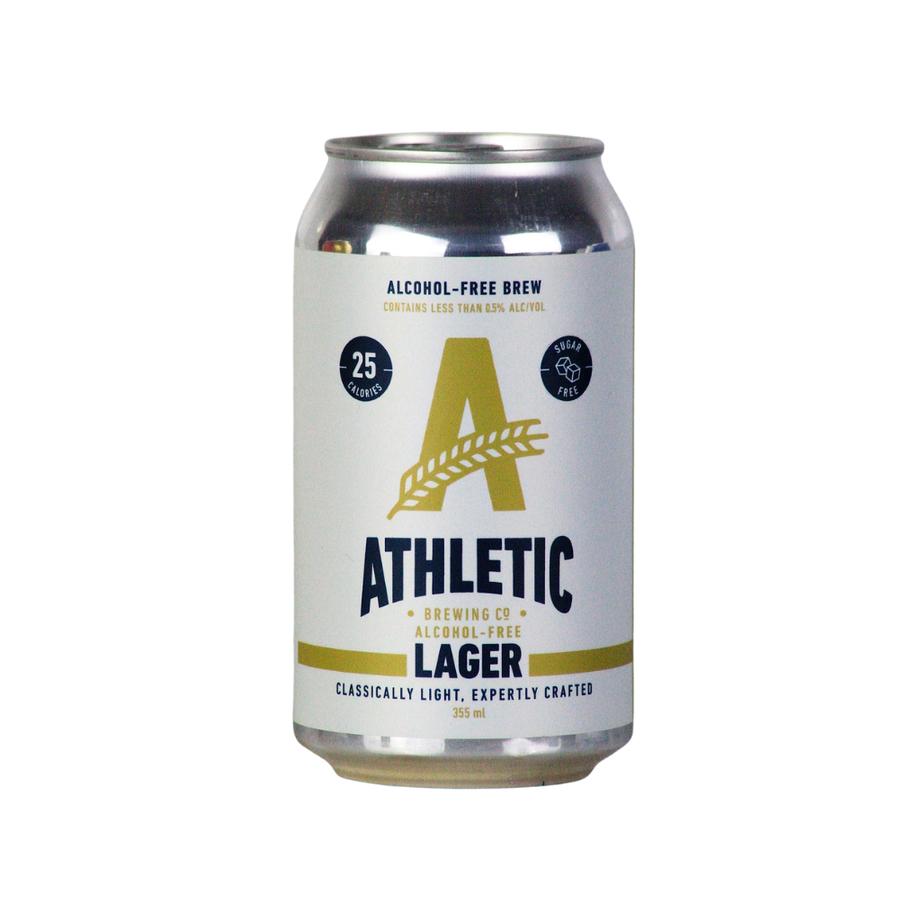Alcohol-free lager white can with 'Athletic Brewing Co.' branding on a white background