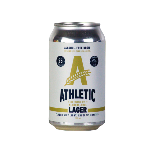 Alcohol-free lager white can with 'Athletic Brewing Co.' branding on a white background