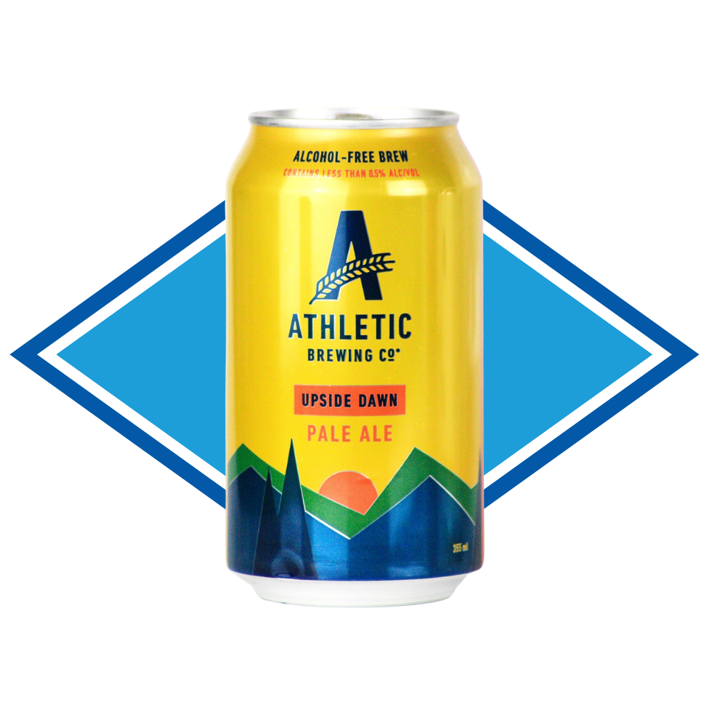 Yellow can of Athletic Brewing Co. Pale Ale with blue and green design on a white background