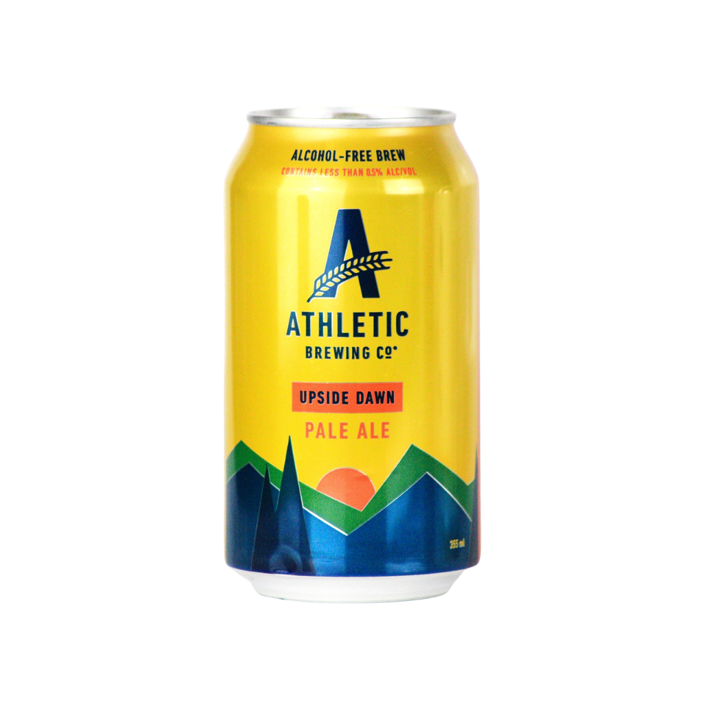 Yellow can of Athletic Brewing Co. Upside Dawn Pale Ale on a white background
