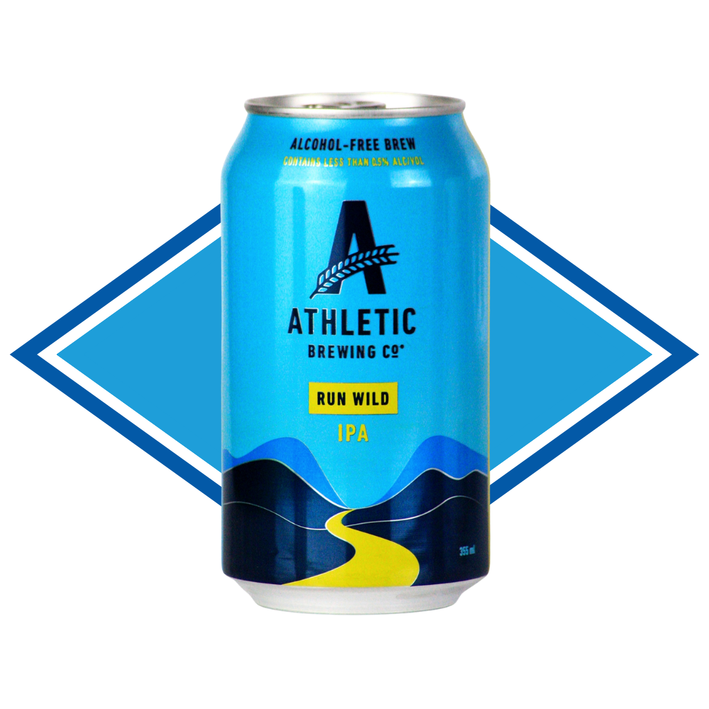 A Blue Can of Athletic Run Wild IPA in front of The Alcohol Free Drinks Company blue diamond.