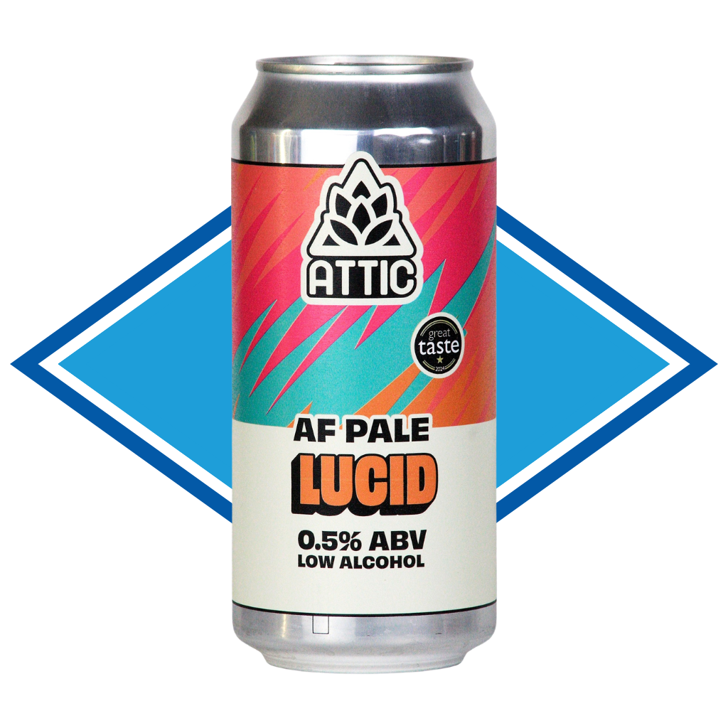 Can of Attic Lucid Pale Ale in front of the Alcohol Free Drinks Company blue diamond. 