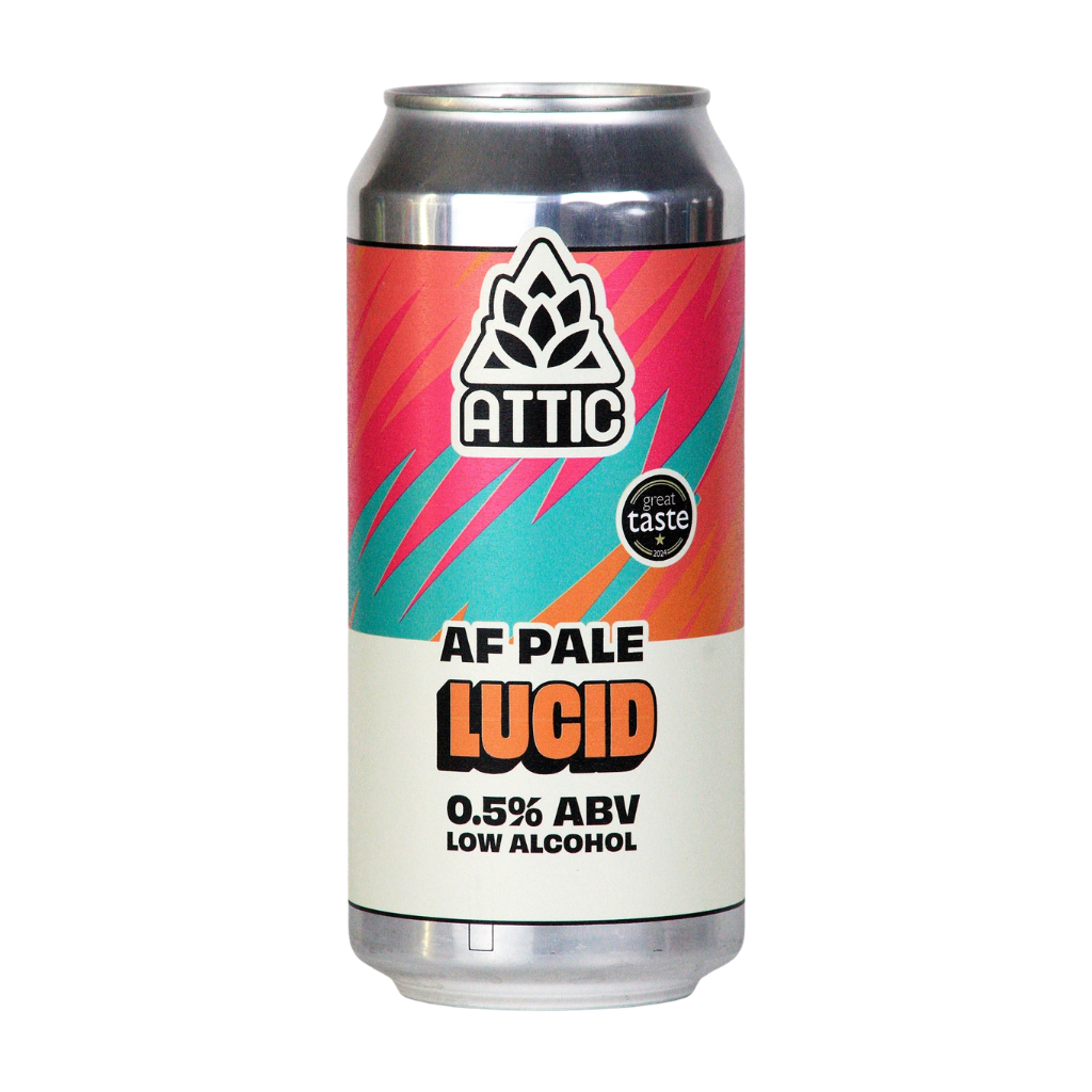 Can of Attic AF Pale Lucid beer with colorful label on a white background