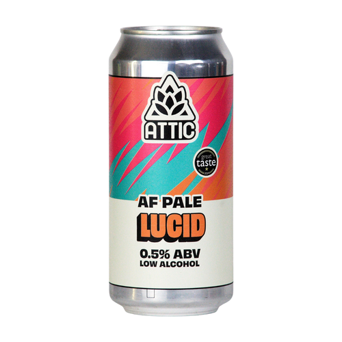 Can of Attic AF Pale Lucid beer with colorful label on a white background
