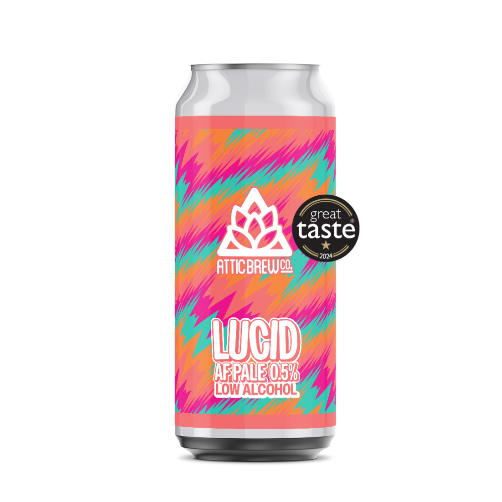 Can of Attic Brew Lucid Ale with colorful label on a white background