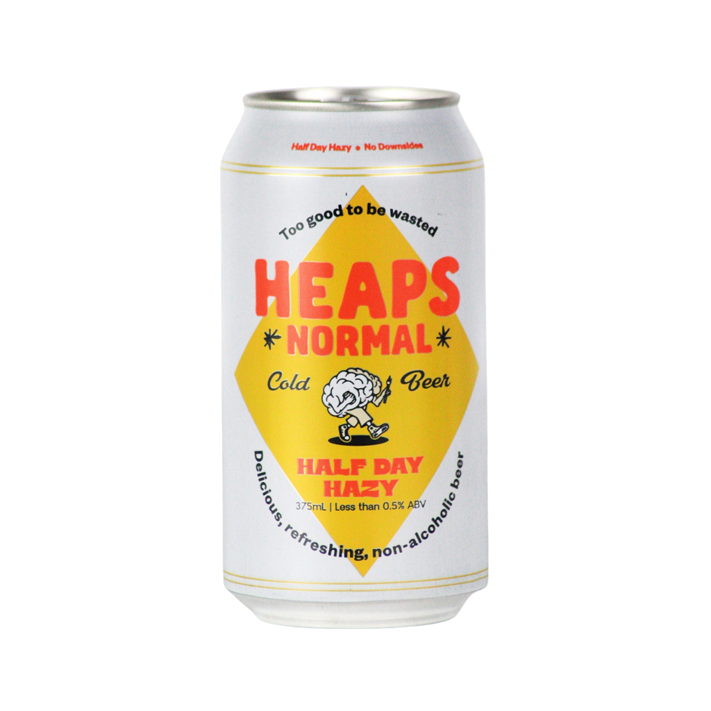 Can of 'Heaps Normal' beer with a yellow label on a white background