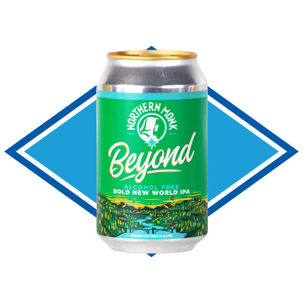 Can of Northern Monk Beyond IPA in front of the Alcohol Free Drinks Company blue diamond. 