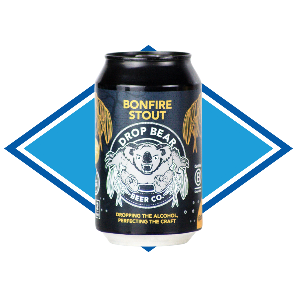 Can of Bonfire Stout in front of The Alcohol Free Drinks Company blue diamond.