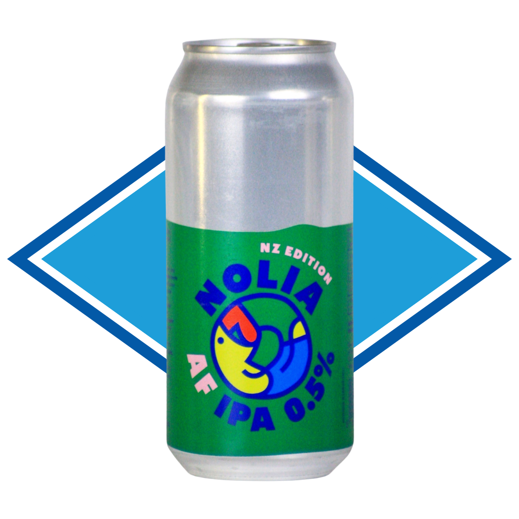 A silver aluminum can of Nolia AF IPA 0.5% with a green label featuring a colorful cartoon face, set against a blue and white diamond graphic background.