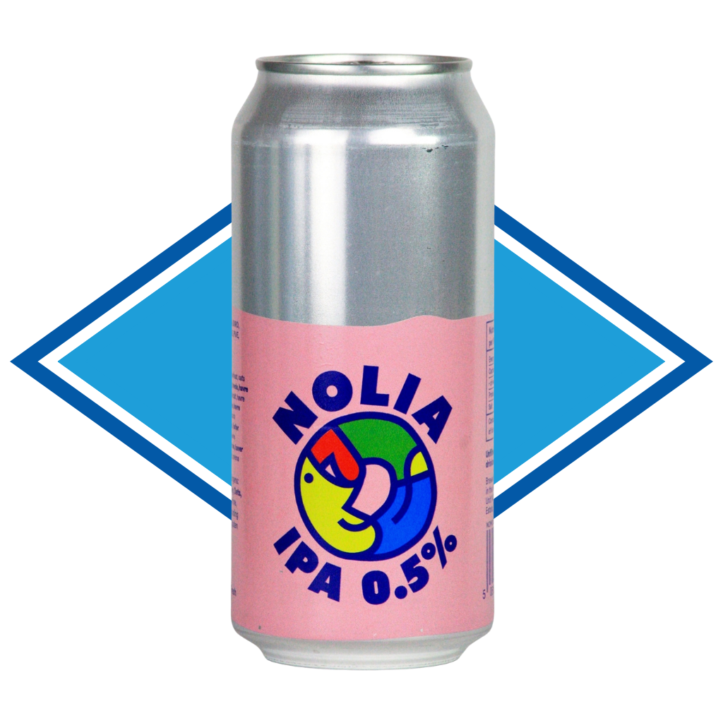 Can of Nolia in front of the Alcohol Free Drinks Company blue diamond. 