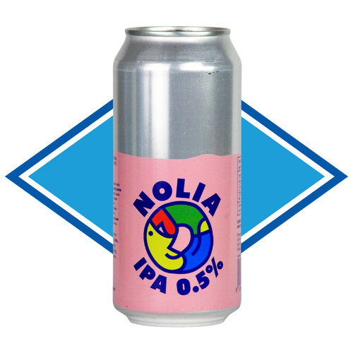 Can of Nolia in front of the Alcohol Free Drinks Company blue diamond. 