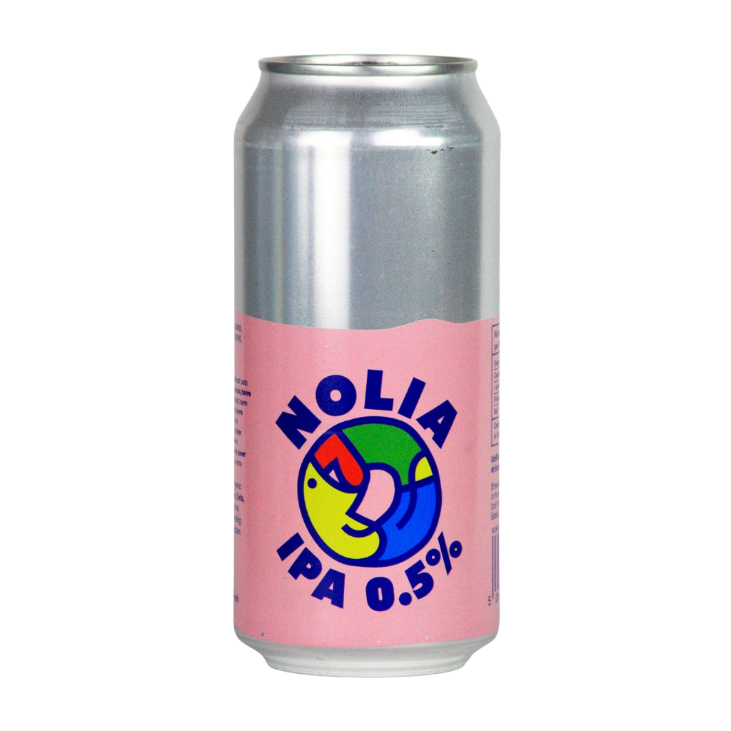 Silver can with pink label featuring 'Nolia IPA 0.5%' on a white background Premium Alcohol Free IPA