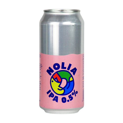 Silver can with pink label featuring 'Nolia IPA 0.5%' on a white background Premium Alcohol Free IPA