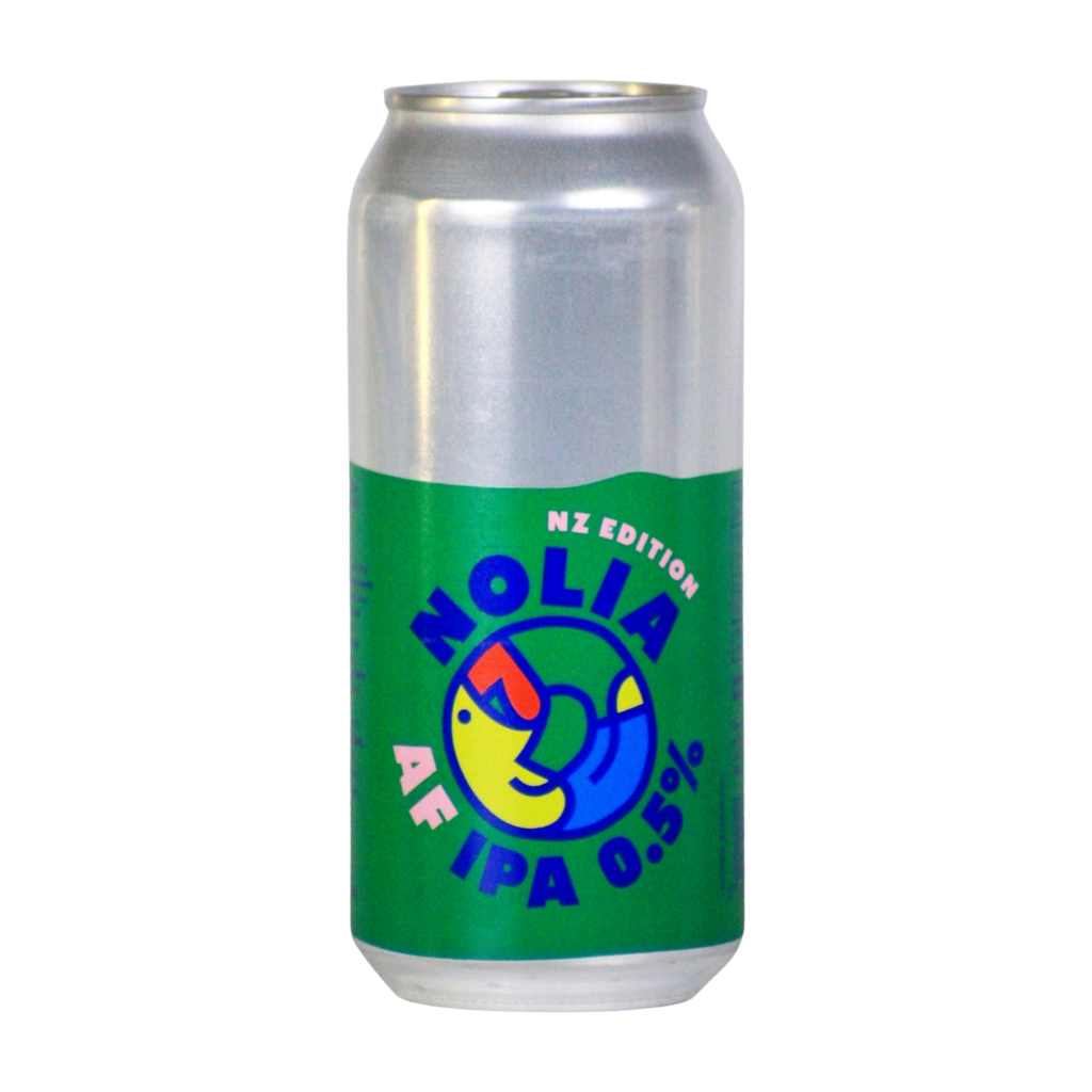 A silver aluminum can of Nolia AF IPA 0.5% with a green label, featuring a cartoon frog logo and 'NZ EDITION' text, isolated on a white background.