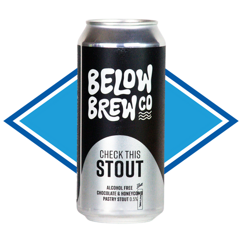 Alcohol-free stout can from Below Brew Co with a blue diamond logo in the background